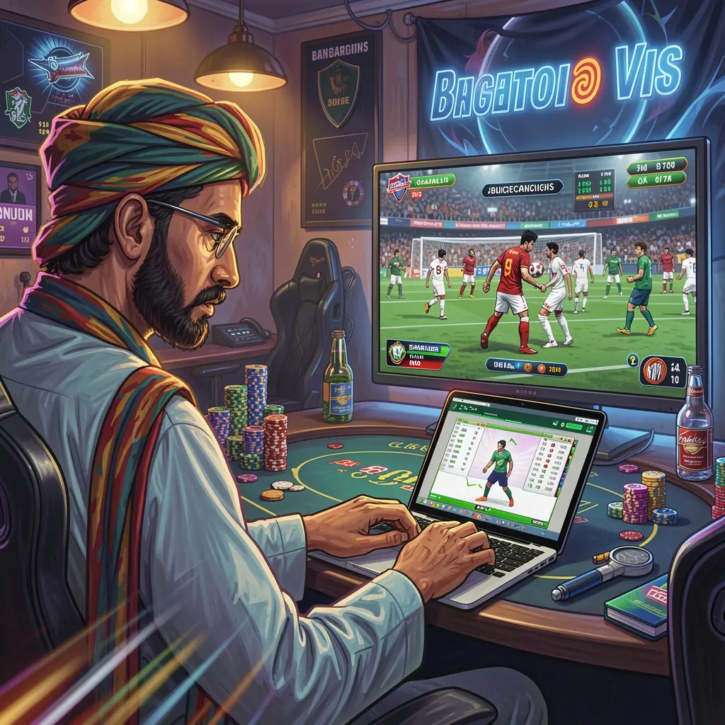 QQ777 Bet – Place smart live sports bets with real time odds in Bangladesh Focused Bangladeshi bettor analyzing live football odds on a laptop while following the match on TV using the QQ777 betting platform
